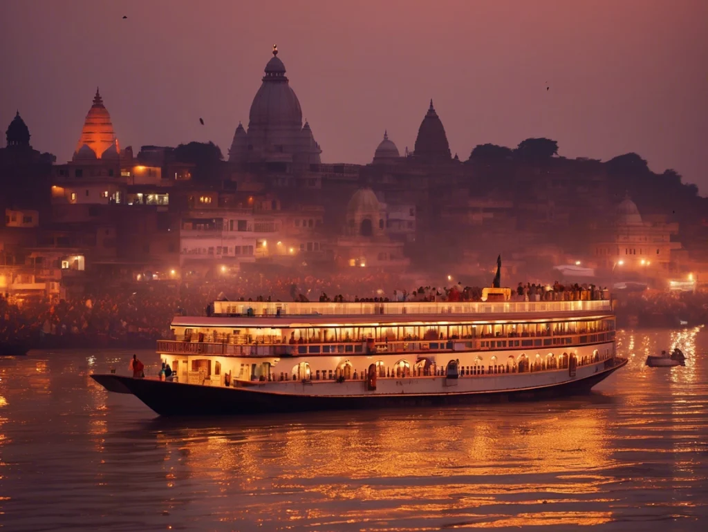 Sunrise cruise in Varanasi on Ganga River with tourists enjoying morning boat ride and scenic view of Varanasi ghats