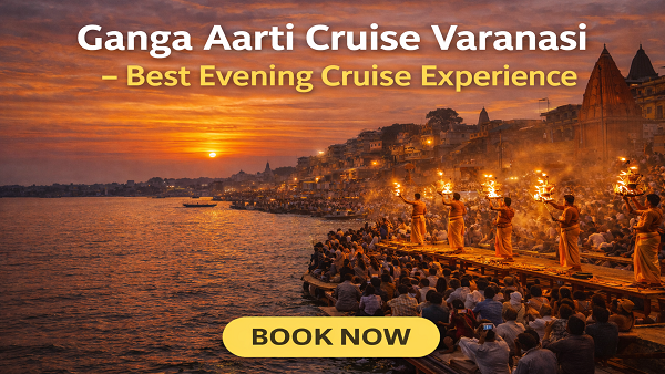 Ganga Aarti ceremony at Dashashwamedh Ghat Varanasi during sunset with priests performing evening aarti on Ganga river