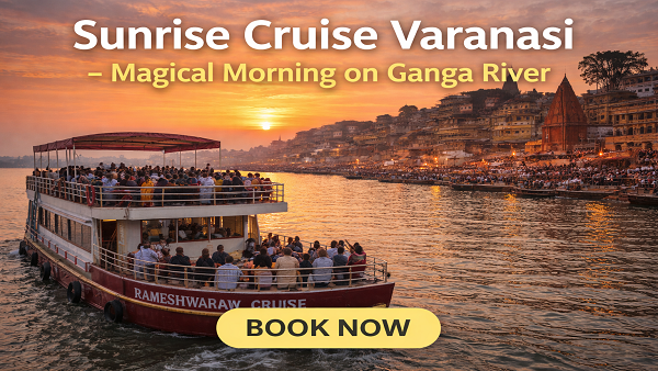 Sunrise cruise in Varanasi on Ganga River with tourists enjoying morning boat ride and scenic view of Varanasi ghats