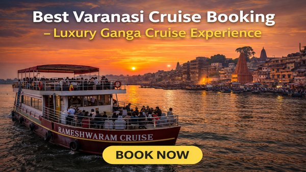 Luxury Rameshwaram Cruise in Varanasi sailing on Ganga River during sunset with tourists enjoying evening cruise experience